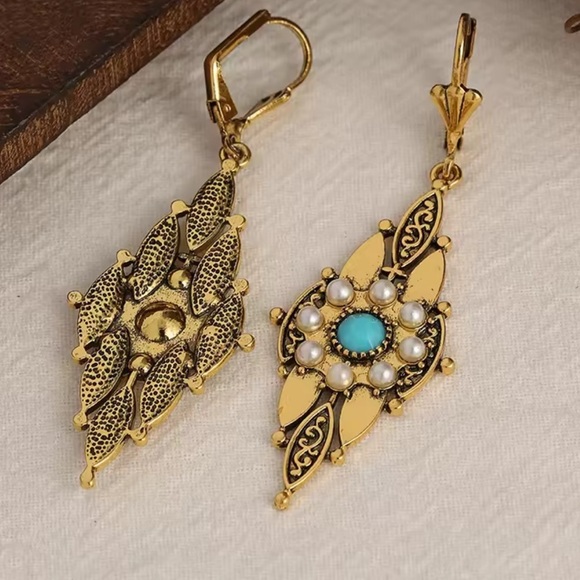 Victorian Gold Filigree Drop Earrings with Turquoise & Pearl Accents - Picture 6 of 6